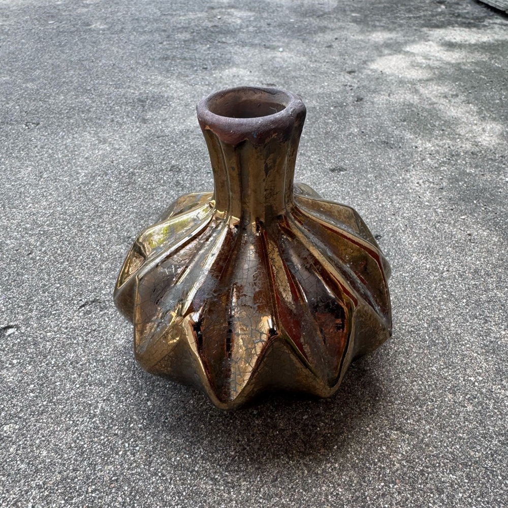 Antiqued Metallic Geometric Ceramic Bud Vase